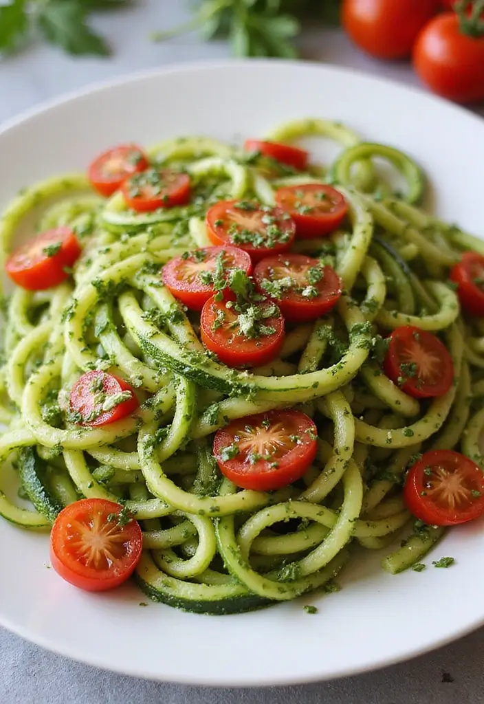 30 Clean-Eating Gluten Dairy Sugar Free Recipes You’ll Love - 18. Pesto Zoodles with Cherry Tomatoes